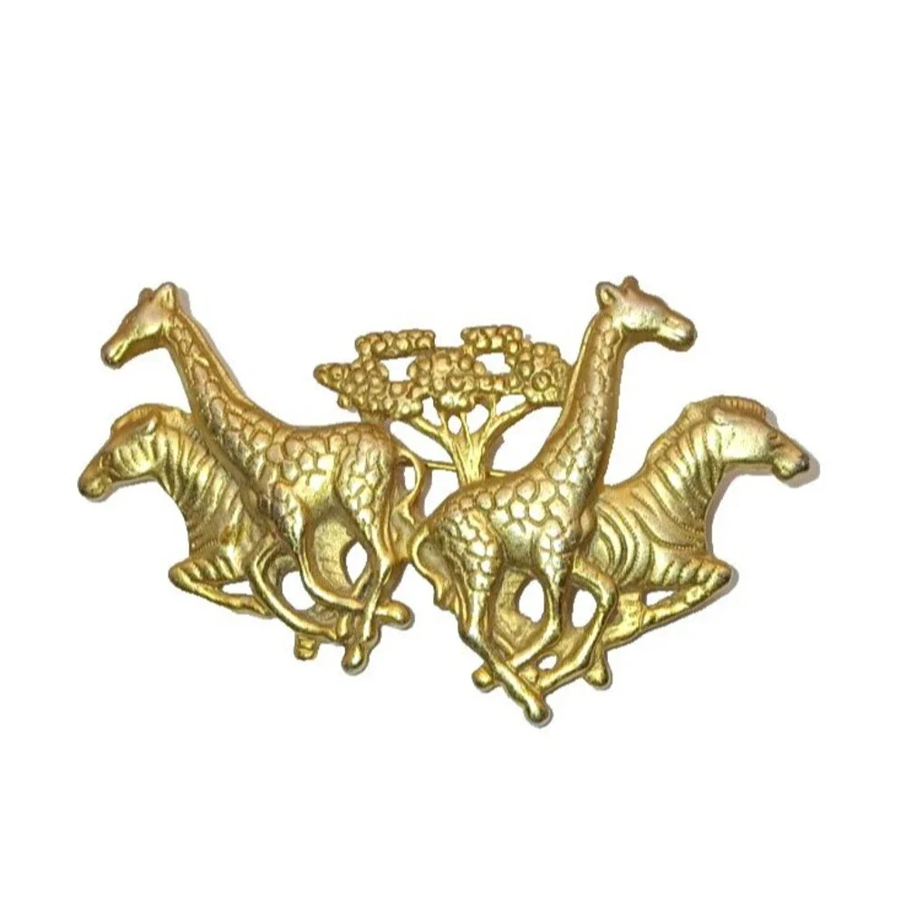 Vintage AJC African Safari Animals Giraffe Zebra Brooch Pin Brushed Gold Tone